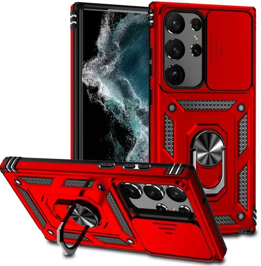 Samsung Galaxy S23 Ultra Hoesje Camera Slider en Kickstand Ring Rood afbeelding 1