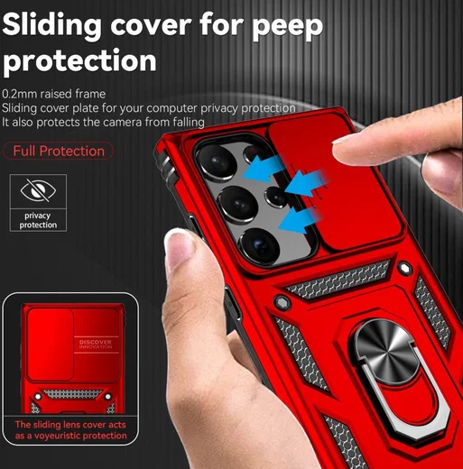 Samsung Galaxy S23 Ultra Hoesje Camera Slider en Kickstand Ring Rood afbeelding 3