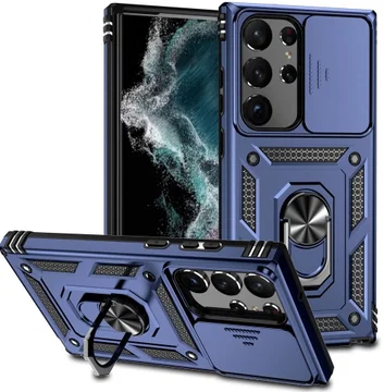 Samsung Galaxy S23 Ultra Hoesje Camera Slider en Kickstand Ring Blauw