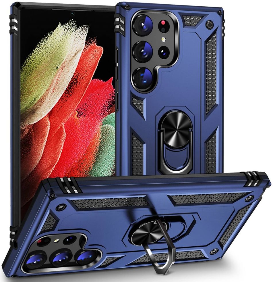 Samsung Galaxy S23 Ultra Hoesje met Magnetische Kickstand Ring Blauw afbeelding 1