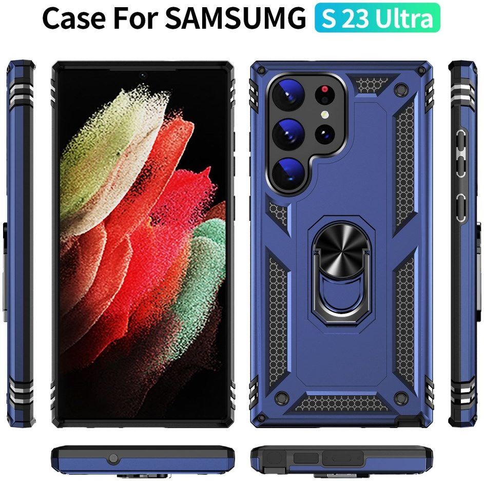 Samsung Galaxy S23 Ultra Hoesje met Magnetische Kickstand Ring Blauw afbeelding 7