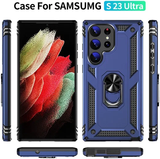 Samsung Galaxy S23 Ultra Hoesje met Magnetische Kickstand Ring Blauw afbeelding 7