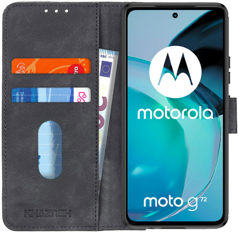 KHAZNEH Motorola  Moto G72 Hoesje Retro Wallet Book Case Zwart afbeelding 1
