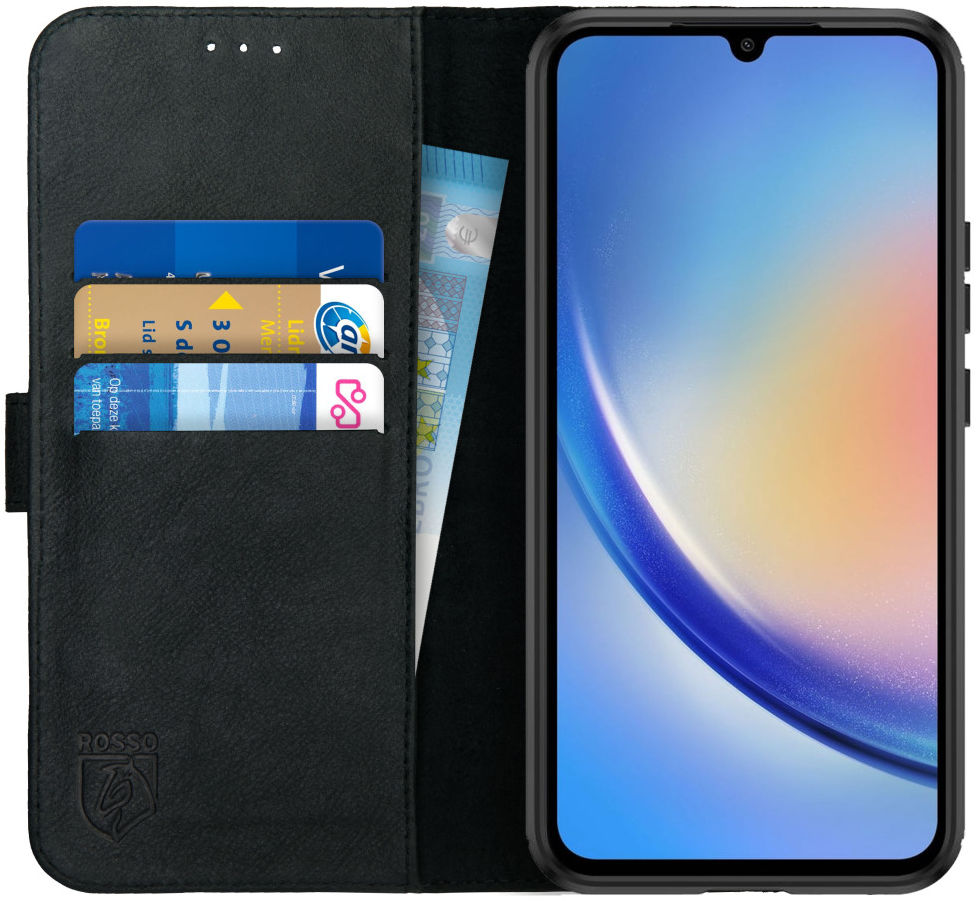 Rosso Deluxe Samsung Galaxy A34 Hoesje Echt Leer Book Case Zwart afbeelding 1