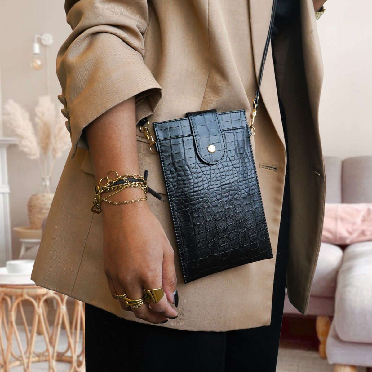 Universeel Crossbody Telefoontasje - Schoudertasje Smartphone Zwart afbeelding 2