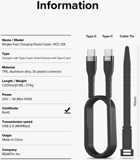 Ringke Pastel 3A USB-C Snellaad Kabel PD 3.0 en QC 3.0 60W 1.2M Zwart afbeelding 12