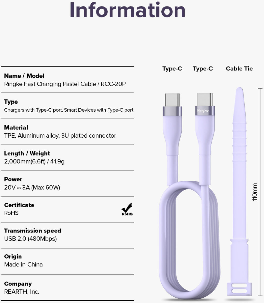 Ringke Pastel 3A USB-C Snellaad Kabel PD 3.0 en QC 3.0 60W 2M Paars afbeelding 12