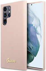 Guess Samsung S23 Ultra Hoesje Siliconen Hard Case Gold Logo Roze afbeelding