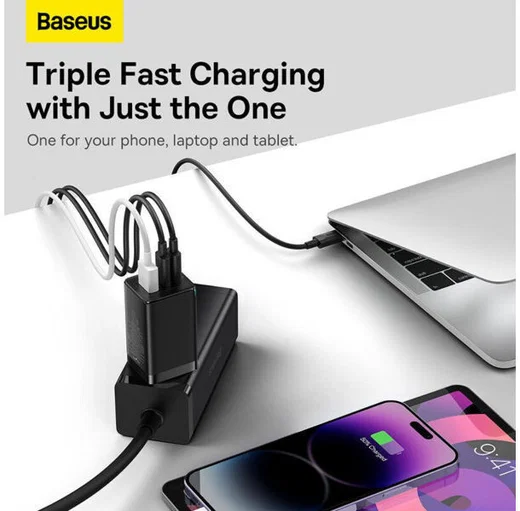 Baseus GaN5 Pro Snellader 65W PD 3.0 + 100W USB-C Kabel 1M Wit afbeelding 2