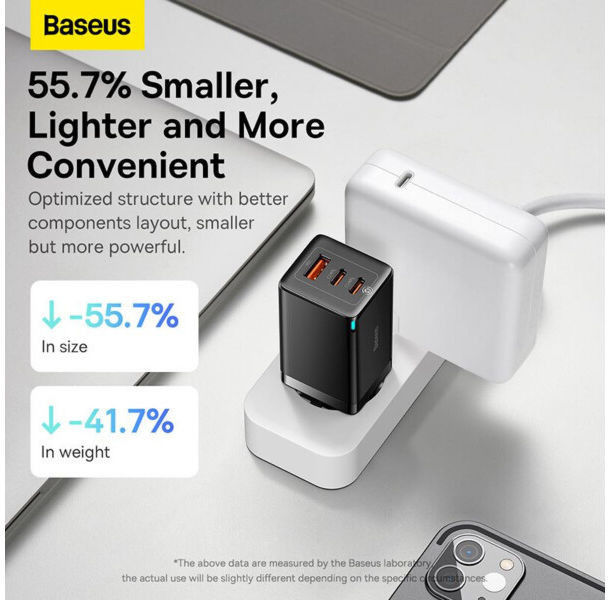 Baseus GaN5 Pro Snellader 65W PD 3.0 + 100W USB-C Kabel 1M Wit afbeelding 5