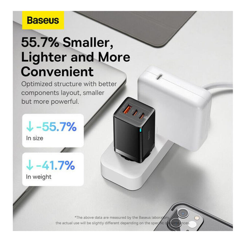 Baseus GaN5 Pro Snellader 65W PD 3.0 + 100W USB-C Kabel 1M Zwart afbeelding 5