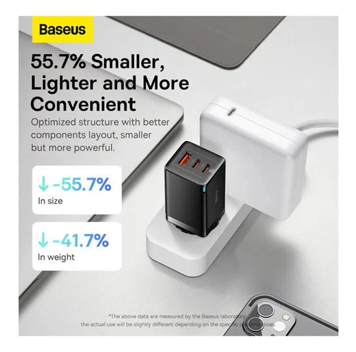 Baseus GaN5 Pro Snellader 65W PD 3.0 + 100W USB-C Kabel 1M Zwart afbeelding 5