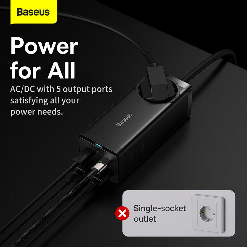 Baseus 100W Laptop Lader USB-C + USB-A met Stopcontact Zwart afbeelding 4