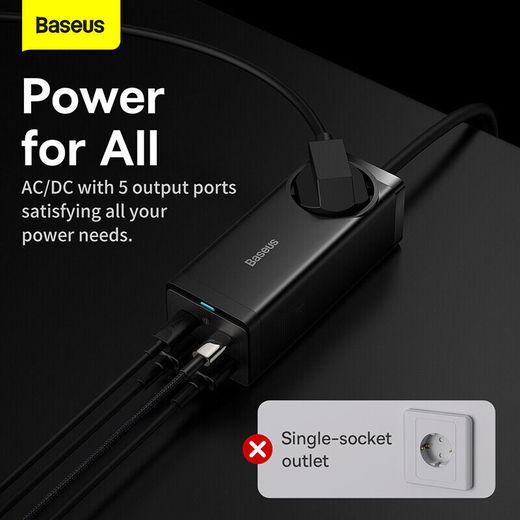 Baseus 100W Laptop Lader USB-C + USB-A met Stopcontact Zwart afbeelding 4