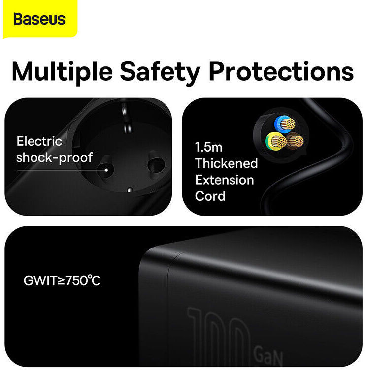 Baseus 100W Laptop Lader USB-C + USB-A met Stopcontact Zwart afbeelding 7