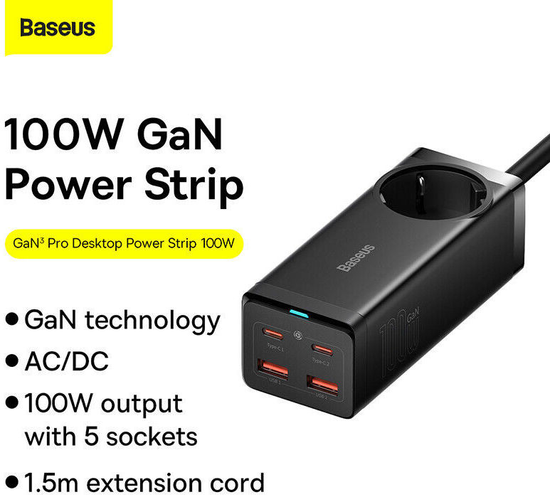 Baseus 100W Laptop Lader USB-C + USB-A met Stopcontact Zwart afbeelding 8