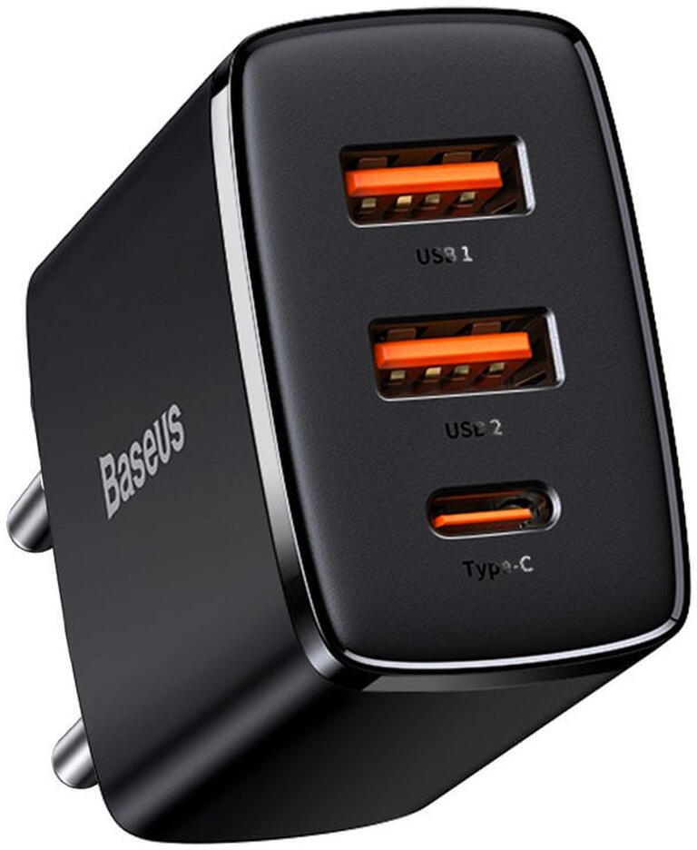 Baseus Compacte Trio Snellader 30W USB/USB-C Adapter Fast Charge Zwart afbeelding 1