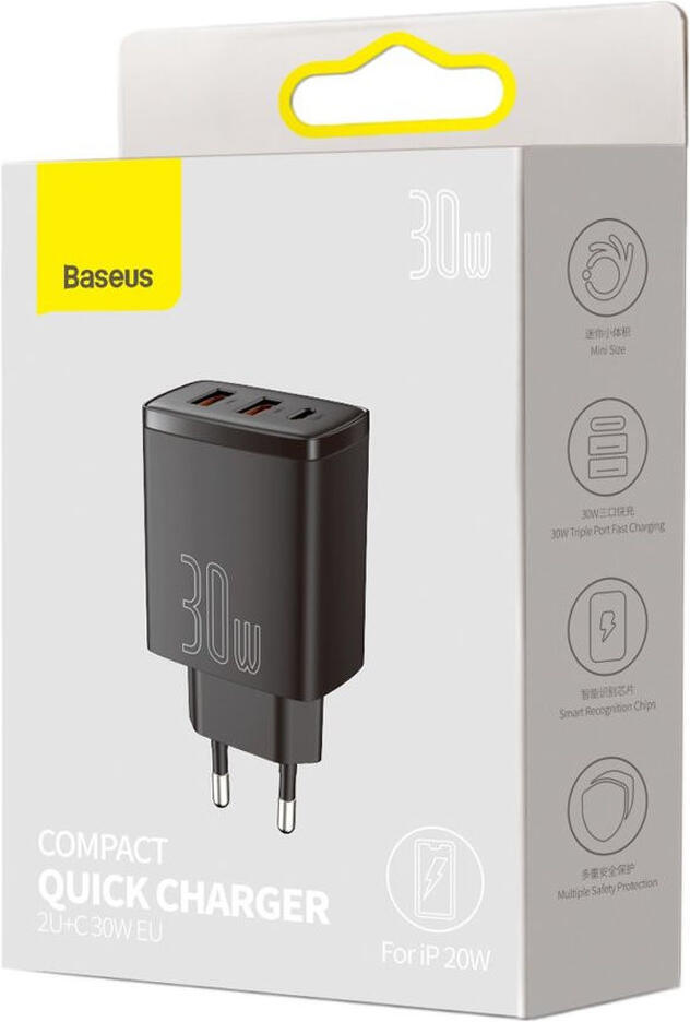 Baseus Compacte Trio Snellader 30W USB/USB-C Adapter Fast Charge Zwart afbeelding 8