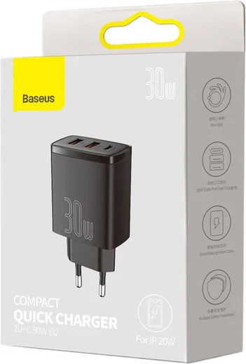 Baseus Compacte Trio Snellader 30W USB/USB-C Adapter Fast Charge Zwart afbeelding 8