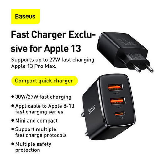 Baseus Compacte Trio Snellader 30W USB/USB-C Adapter Fast Charge Wit afbeelding 7