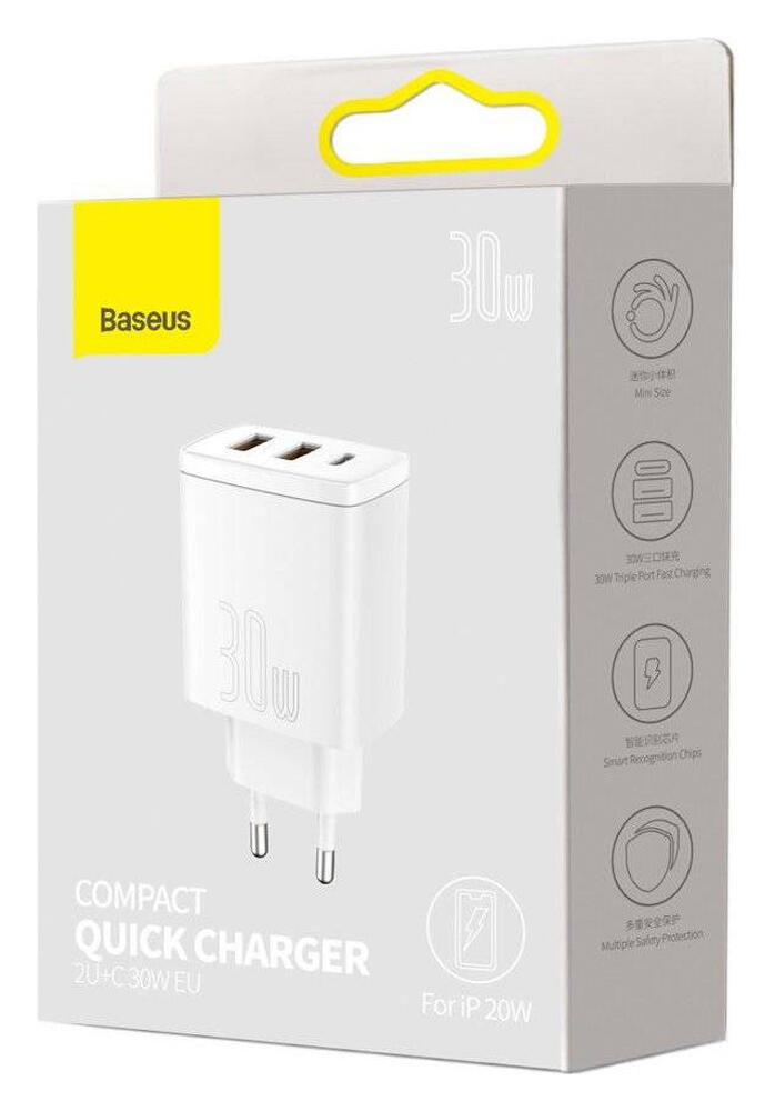 Baseus Compacte Trio Snellader 30W USB/USB-C Adapter Fast Charge Wit afbeelding 10