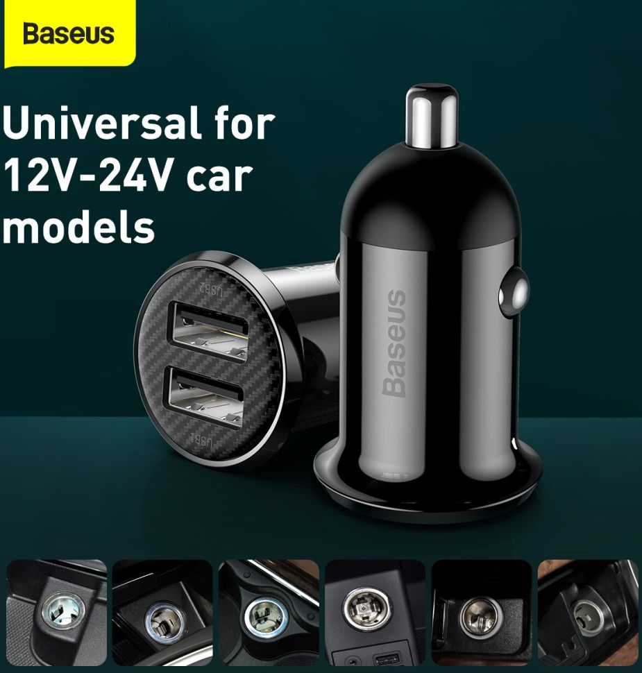 Baseus Compacte Dubbele USB Poort Autolader 4.8A Zwart afbeelding 4