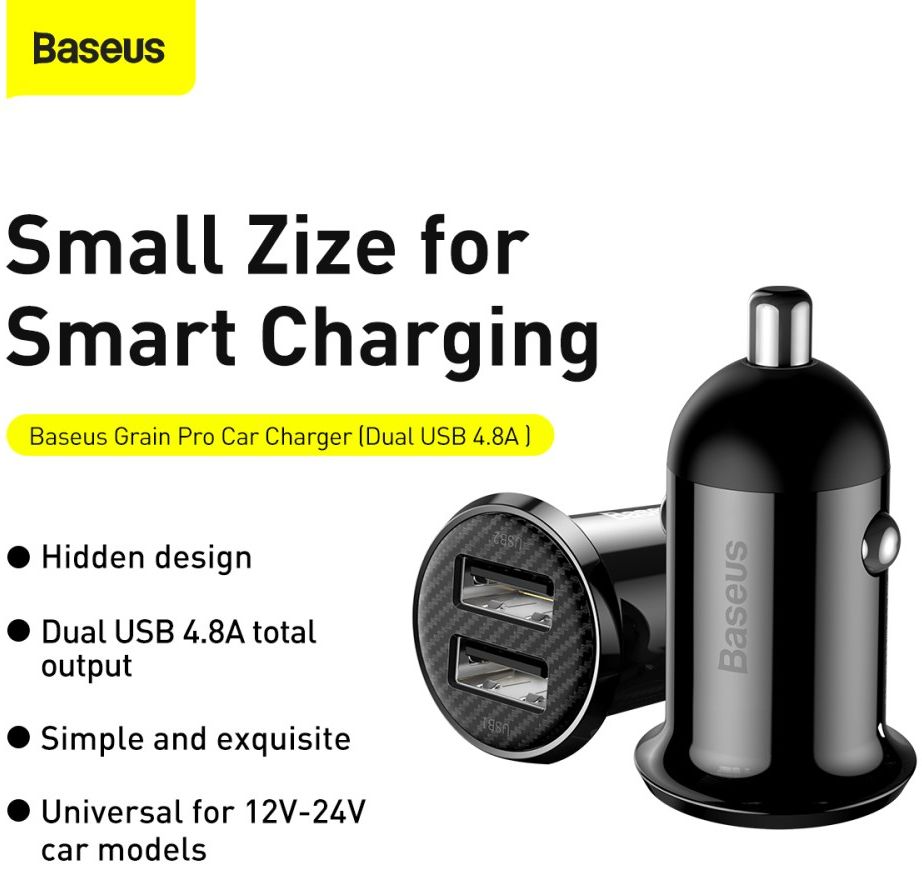 Baseus Compacte Dubbele USB Poort Autolader 4.8A Zwart afbeelding 5