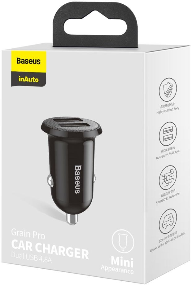 Baseus Compacte Dubbele USB Poort Autolader 4.8A Zwart afbeelding 14