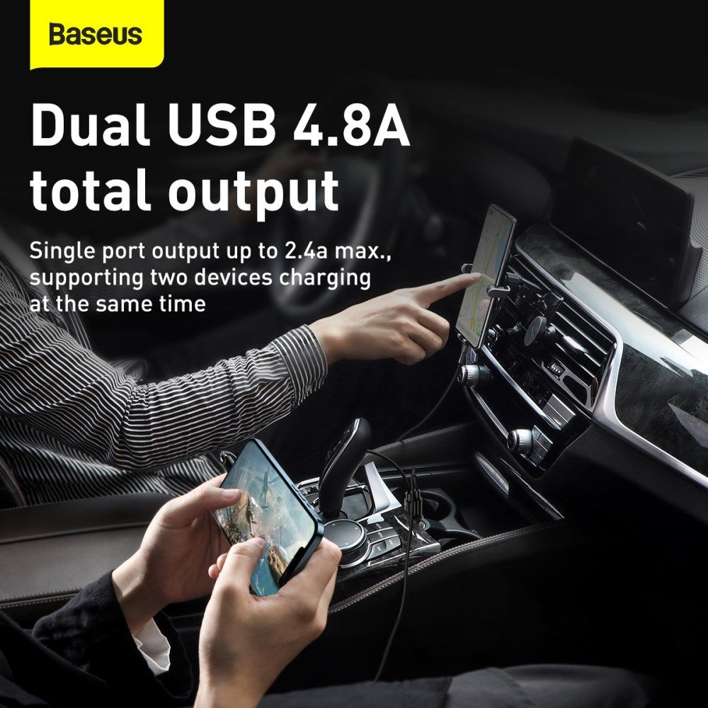 Baseus Compacte Dubbele USB Poort Autolader 4.8A Zwart afbeelding 3