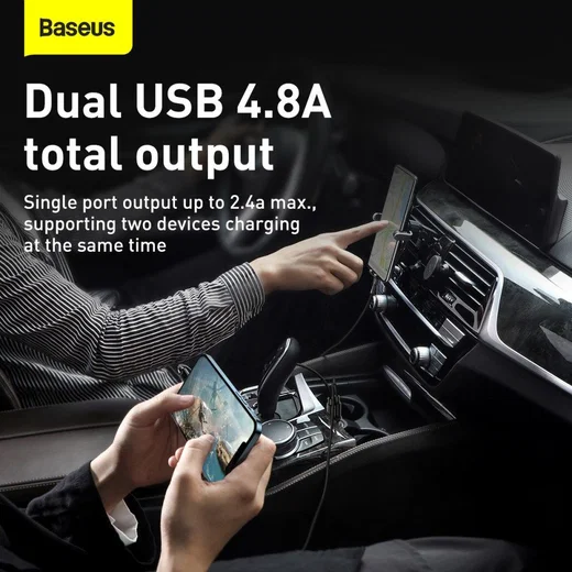Baseus Compacte Dubbele USB Poort Autolader 4.8A Zwart afbeelding 3