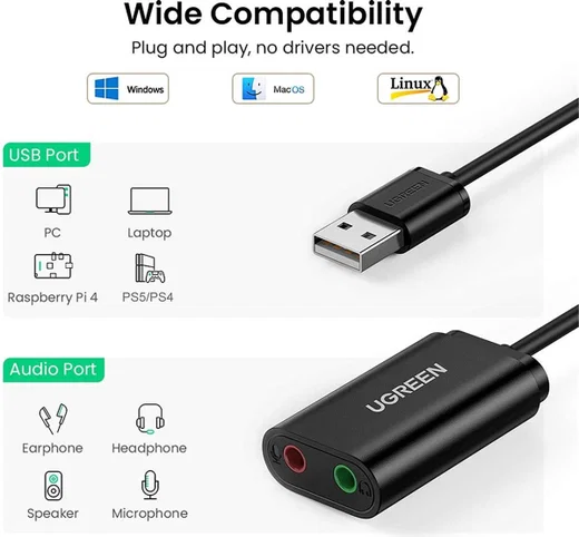 UGREEN Externe USB Geluidskaart voor 3.5 mm Jack Zwart afbeelding 4