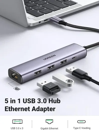 UGREEN 5-in-1 USB-A Hub met USB-A / USB-C / Ethernet voor Laptop/Macbook afbeelding 3