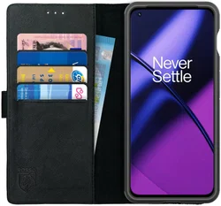 Rosso Deluxe OnePlus 11 Hoesje Echt Leer Book Case Zwart afbeelding