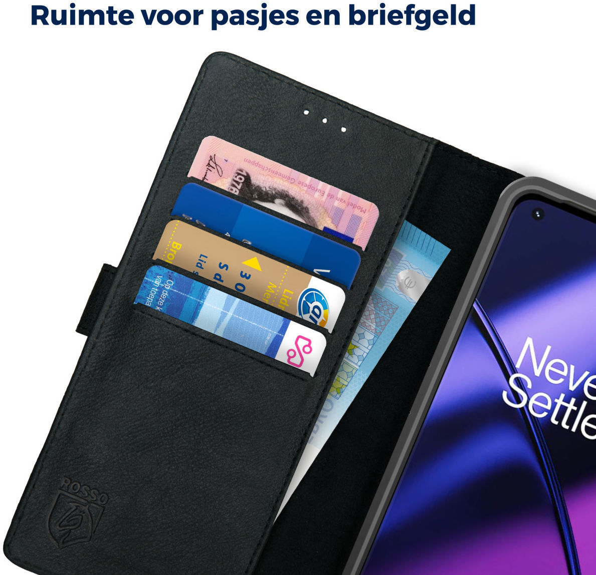 Rosso Deluxe OnePlus 11 Hoesje Echt Leer Book Case Zwart afbeelding 4