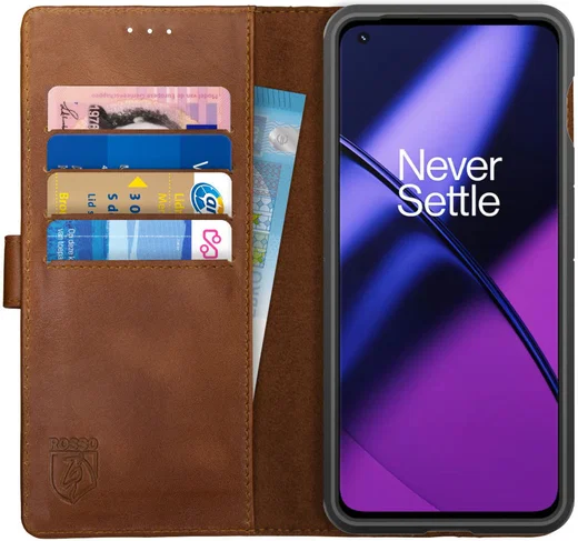 Rosso Deluxe OnePlus 11 Hoesje Echt Leer Book Case Bruin afbeelding 1