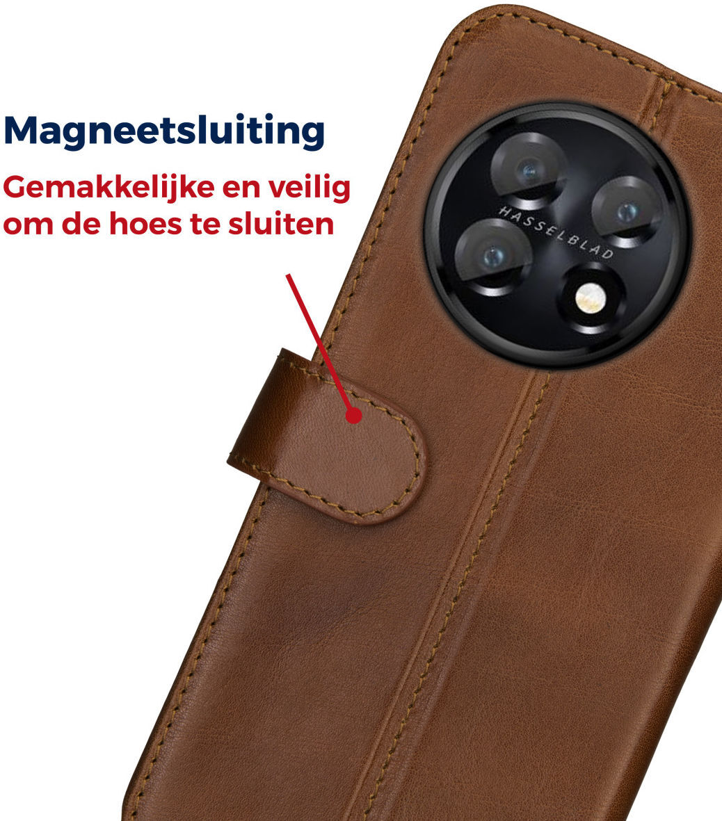 Rosso Deluxe OnePlus 11 Hoesje Echt Leer Book Case Bruin afbeelding 5