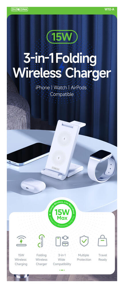 Duzzona 3-in-1 Draadloze Oplader 15W Telefoon/Oortjes/Apple Watch Wit afbeelding 5