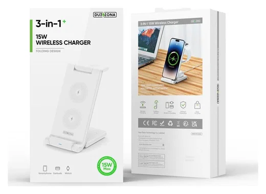Duzzona 3-in-1 Draadloze Oplader 15W Telefoon/Oortjes/Apple Watch Wit afbeelding 13