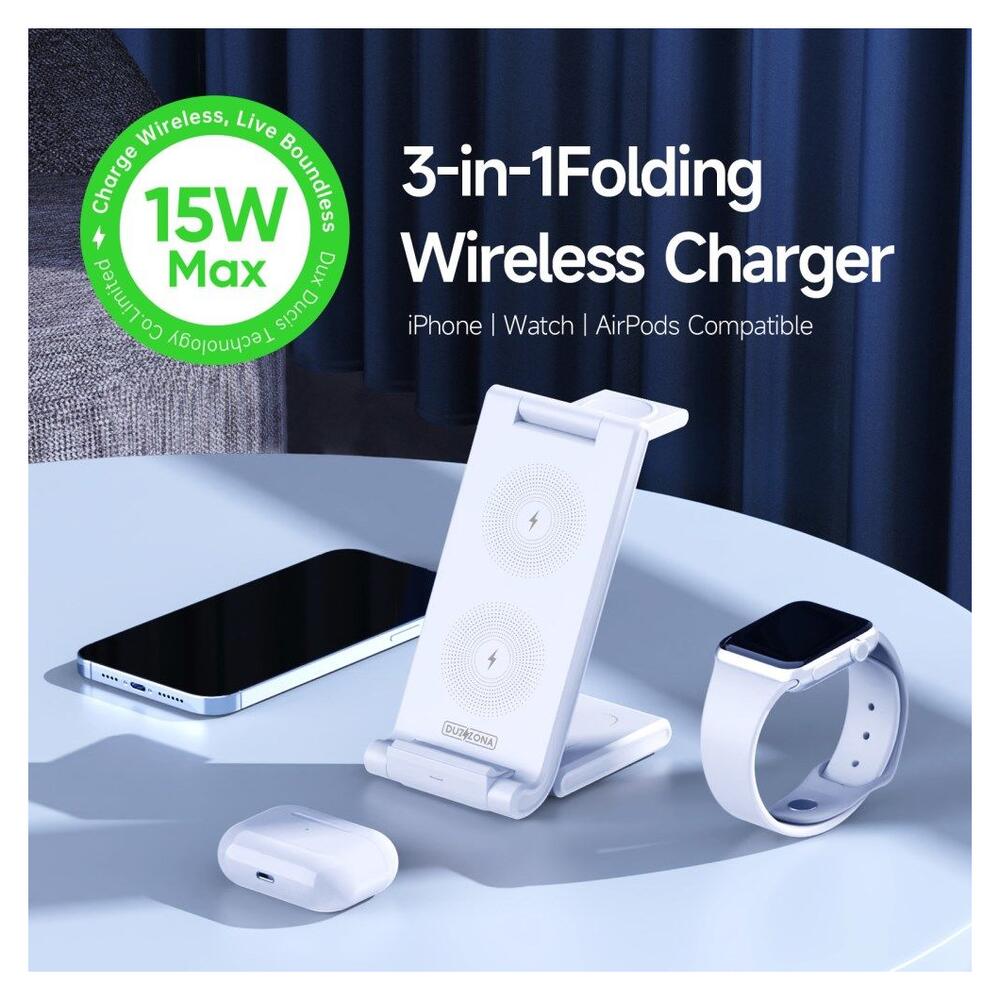 Duzzona 3-in-1 Draadloze Oplader 15W Telefoon/Oortjes/Apple Watch Wit afbeelding 4