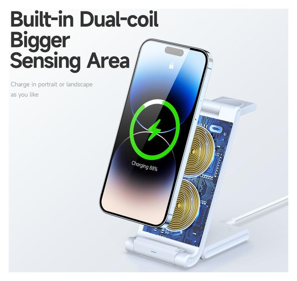Duzzona 3-in-1 Draadloze Oplader 15W Telefoon/Oortjes/Apple Watch Wit afbeelding 12
