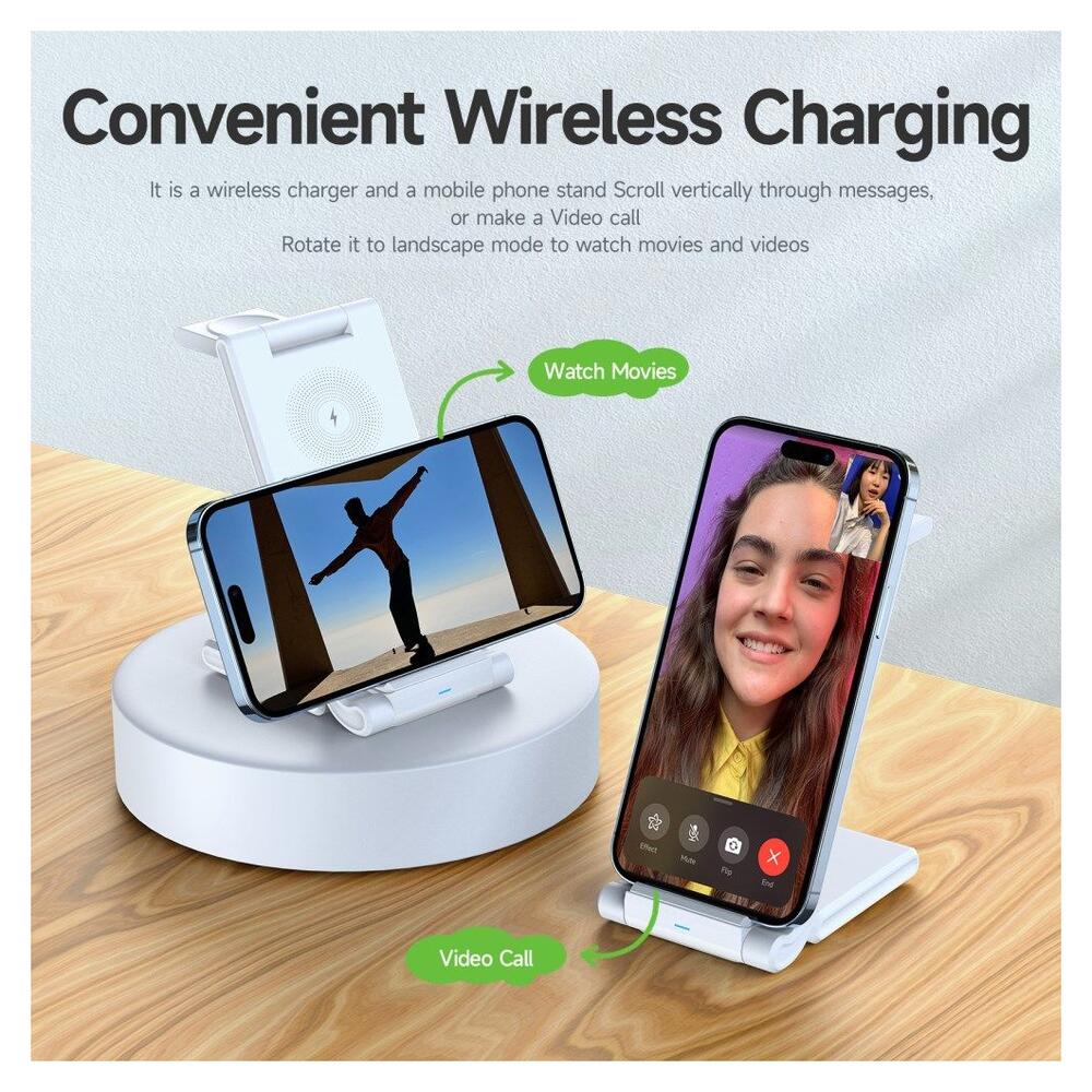 Duzzona 3-in-1 Draadloze Oplader 15W Telefoon/Oortjes/Apple Watch Wit afbeelding 3