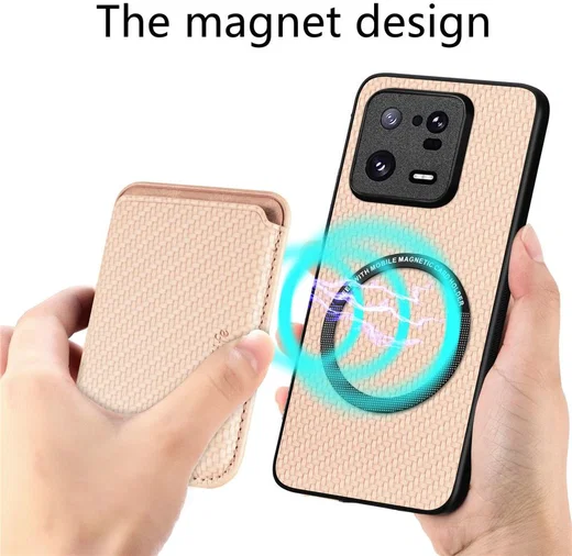 Xiaomi 13 Pro Hoesje Carbon Fiber met Magnetische Kaarthouder Khaki afbeelding 3
