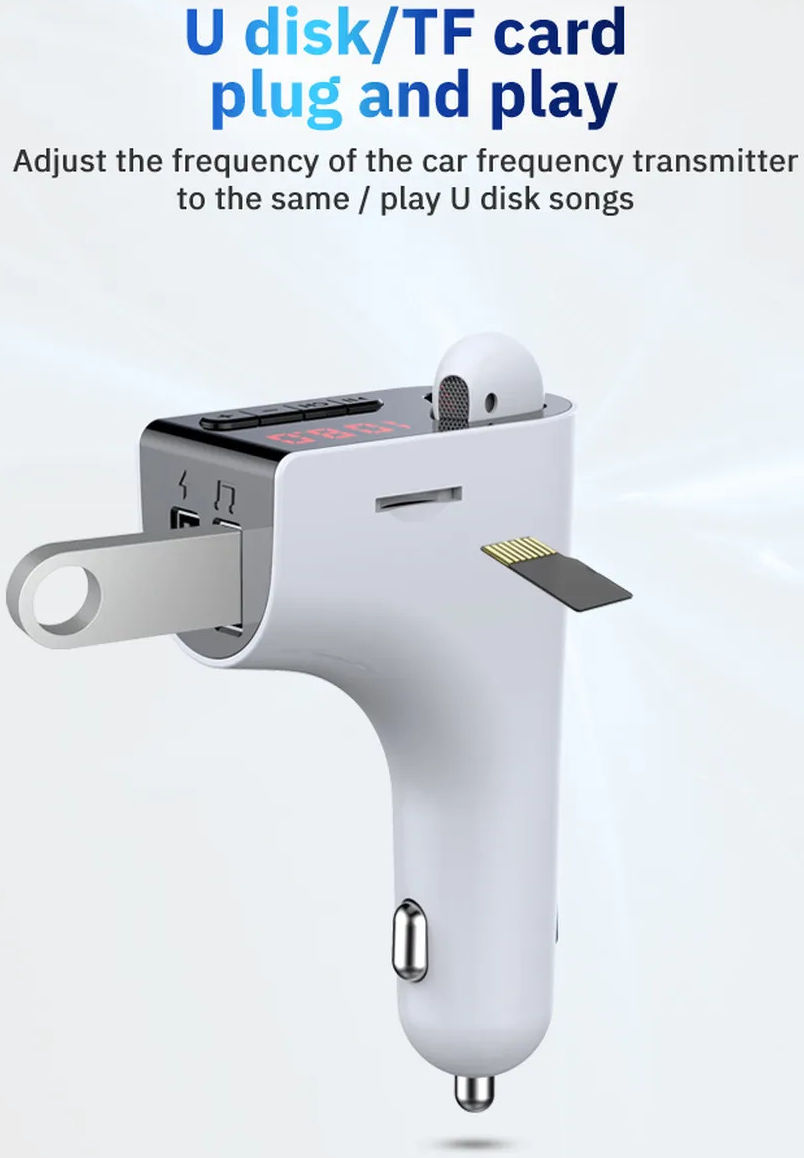 Bluetooth 5.0 Muziek Transmitter met Dual USB Autolader + Wit Oordopje afbeelding 5