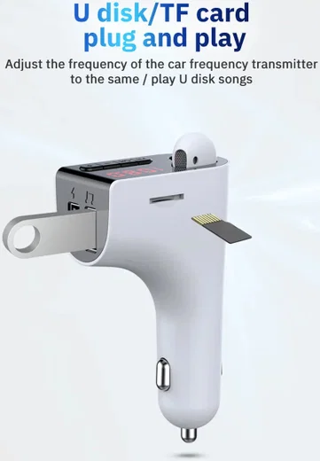 Bluetooth 5.0 Muziek Transmitter met Dual USB Autolader + Wit Oordopje afbeelding 5