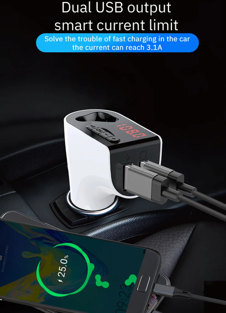 Bluetooth 5.0 Muziek Transmitter met Dual USB Autolader + Wit Oordopje afbeelding 6
