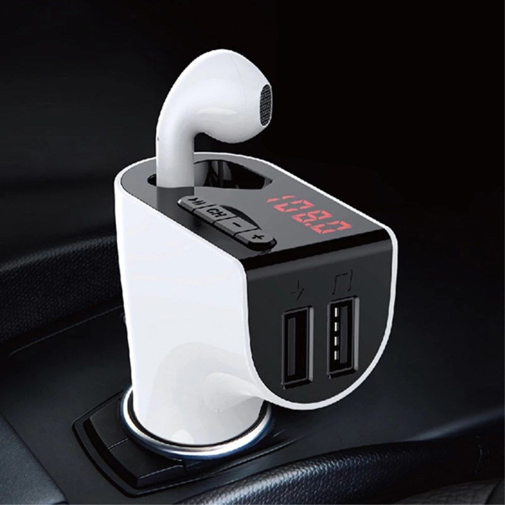 Bluetooth 5.0 Muziek Transmitter met Dual USB Autolader + Wit Oordopje afbeelding 2