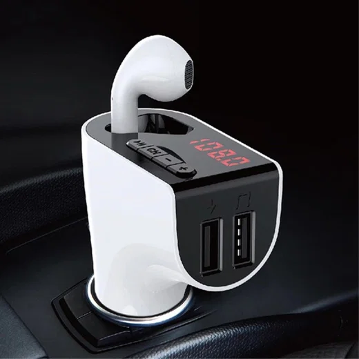Bluetooth 5.0 Muziek Transmitter met Dual USB Autolader + Wit Oordopje afbeelding 2