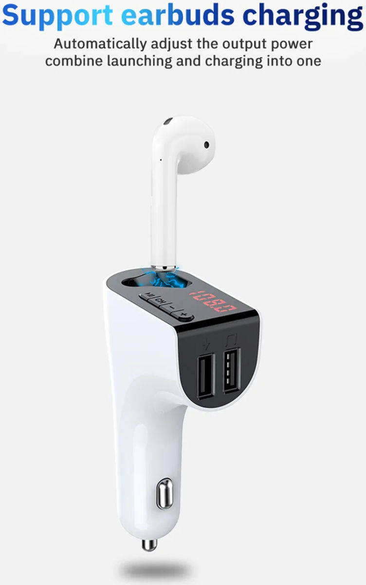 Bluetooth 5.0 Muziek Transmitter met Dual USB Autolader + Wit Oordopje afbeelding 3