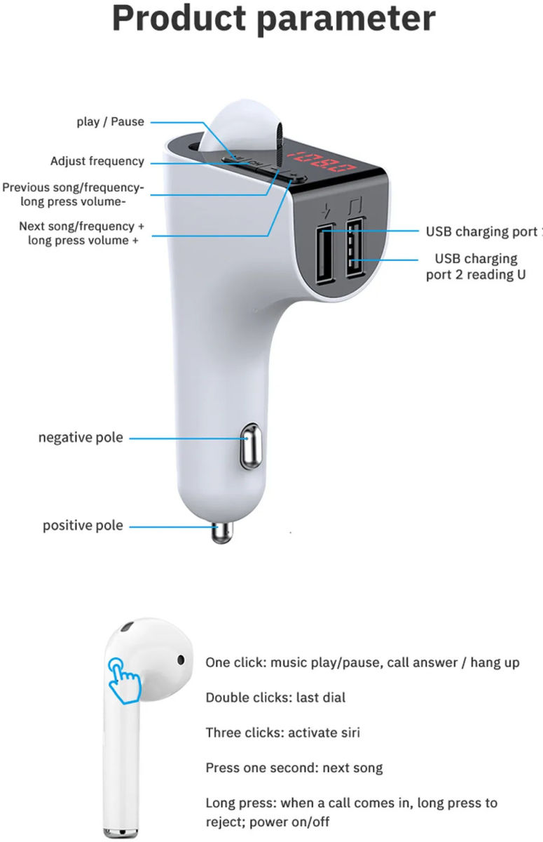 Bluetooth 5.0 Muziek Transmitter met Dual USB Autolader + Wit Oordopje afbeelding 4