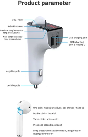 Bluetooth 5.0 Muziek Transmitter met Dual USB Autolader + Wit Oordopje afbeelding 4